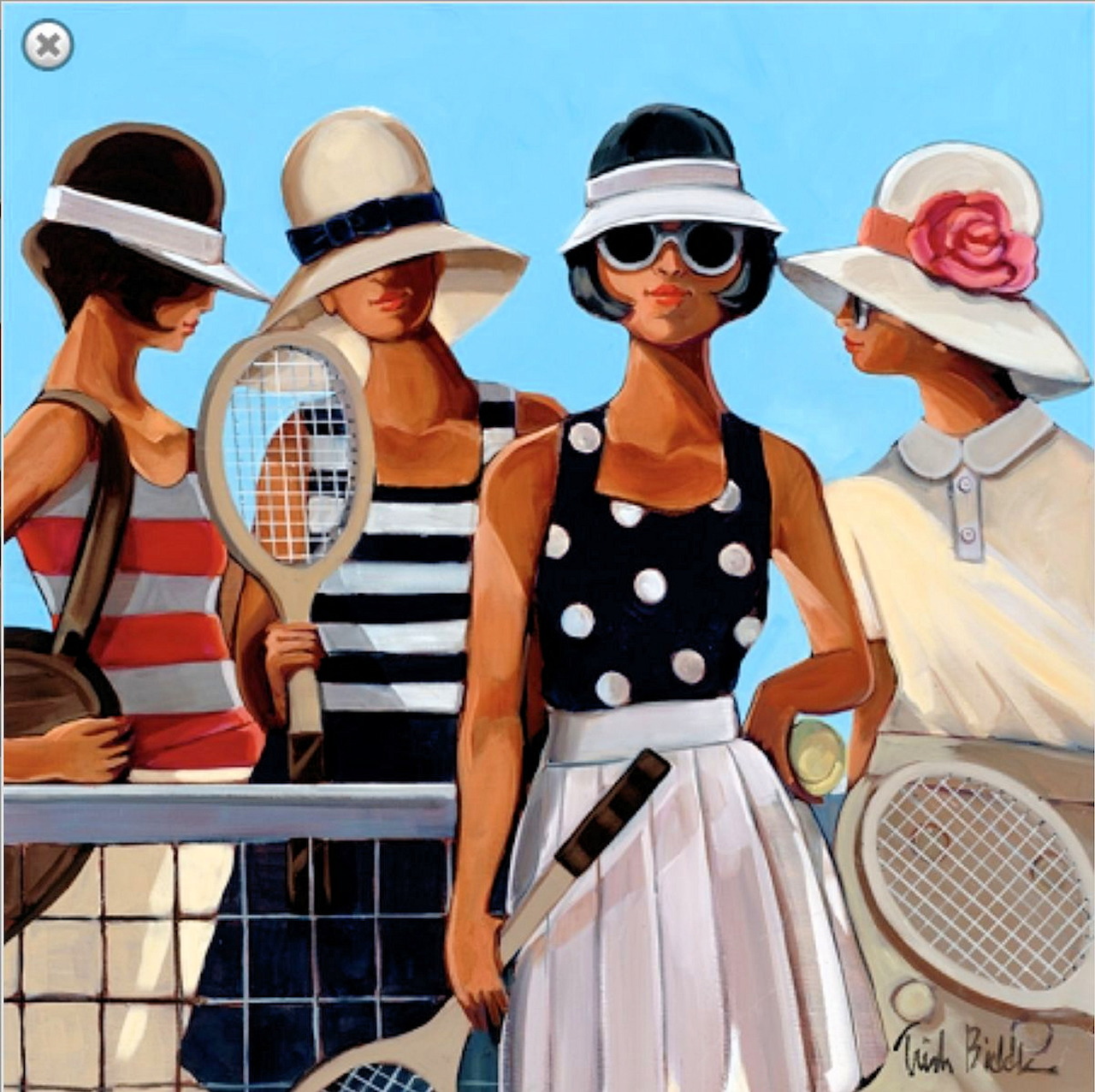 Painting of four stylish women in vintage tennis clothing holding rackets by a tennis net