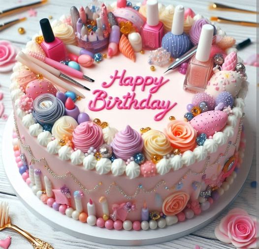 Pink happy birthday cake with frosting flowers, candies, and nail polish decorations
