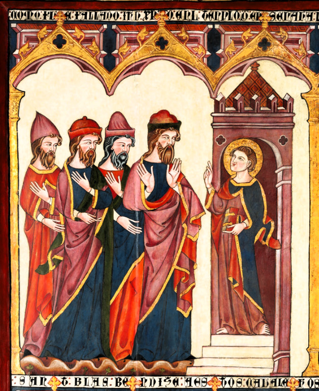 Medieval painting of Jesus and several robed doctors under Gothic arches