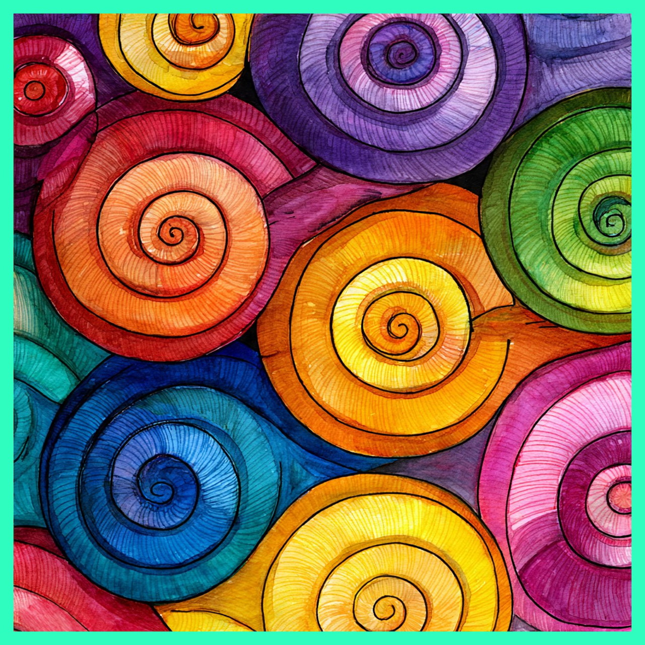 Colorful spiral snail shells arranged in overlapping pattern with rainbow hues and concentric ring details