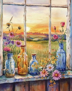 Watercolor painting of glass bottles with wildflowers arranged on a window sill at sunset