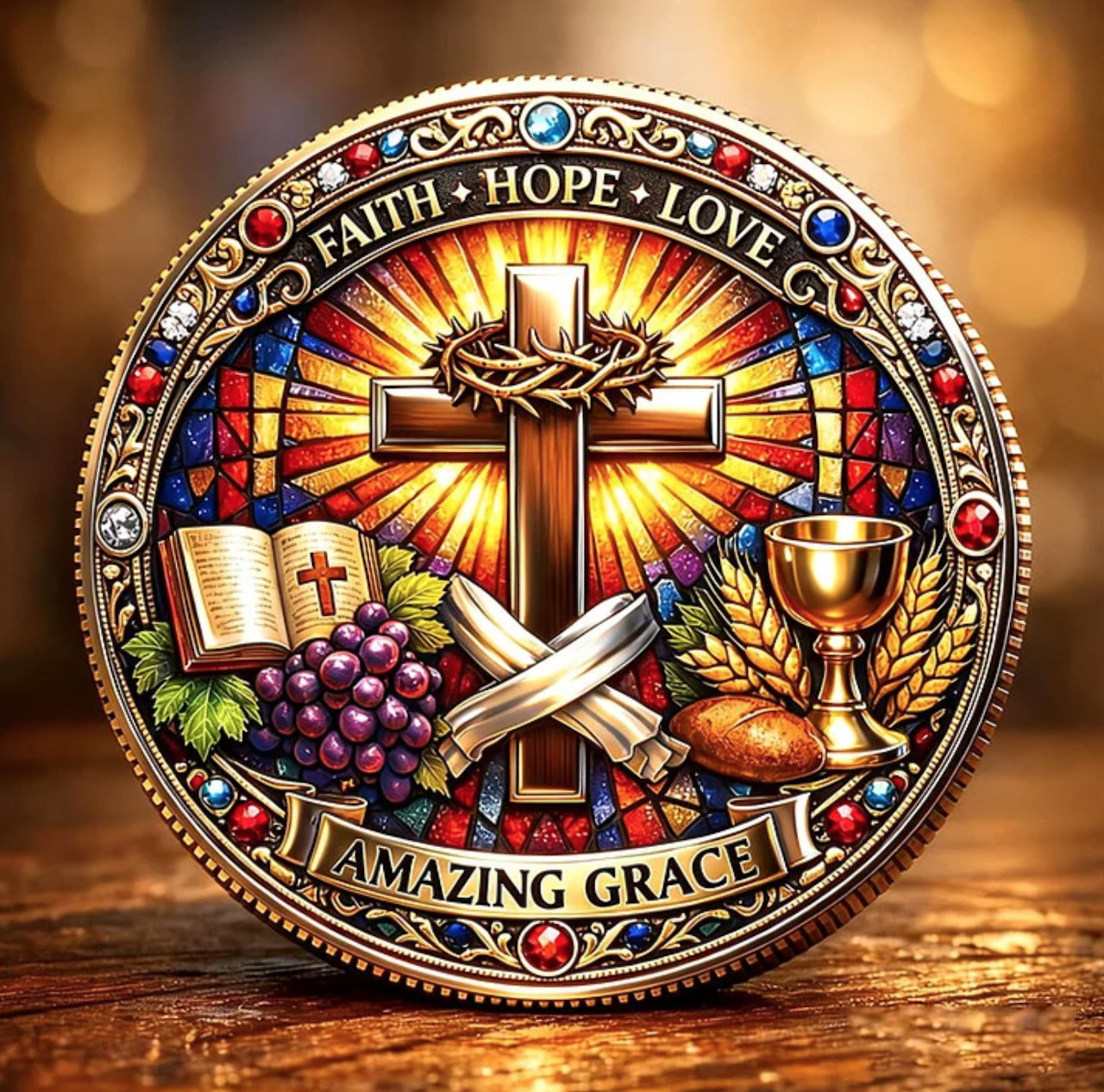 Circular stained glass design with a glowing cross, Bible, grapes, wheat, and chalice