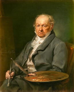 Oil painting portrait of elderly Francisco de Goya holding a painter's palette and brushes