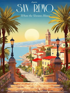 Vintage travel poster of San Remo with palm trees, stone steps, coastal town, and sunset over the sea