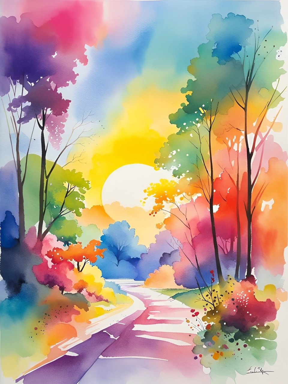 Watercolor painting of a path through trees with vibrant rainbow sunset colors