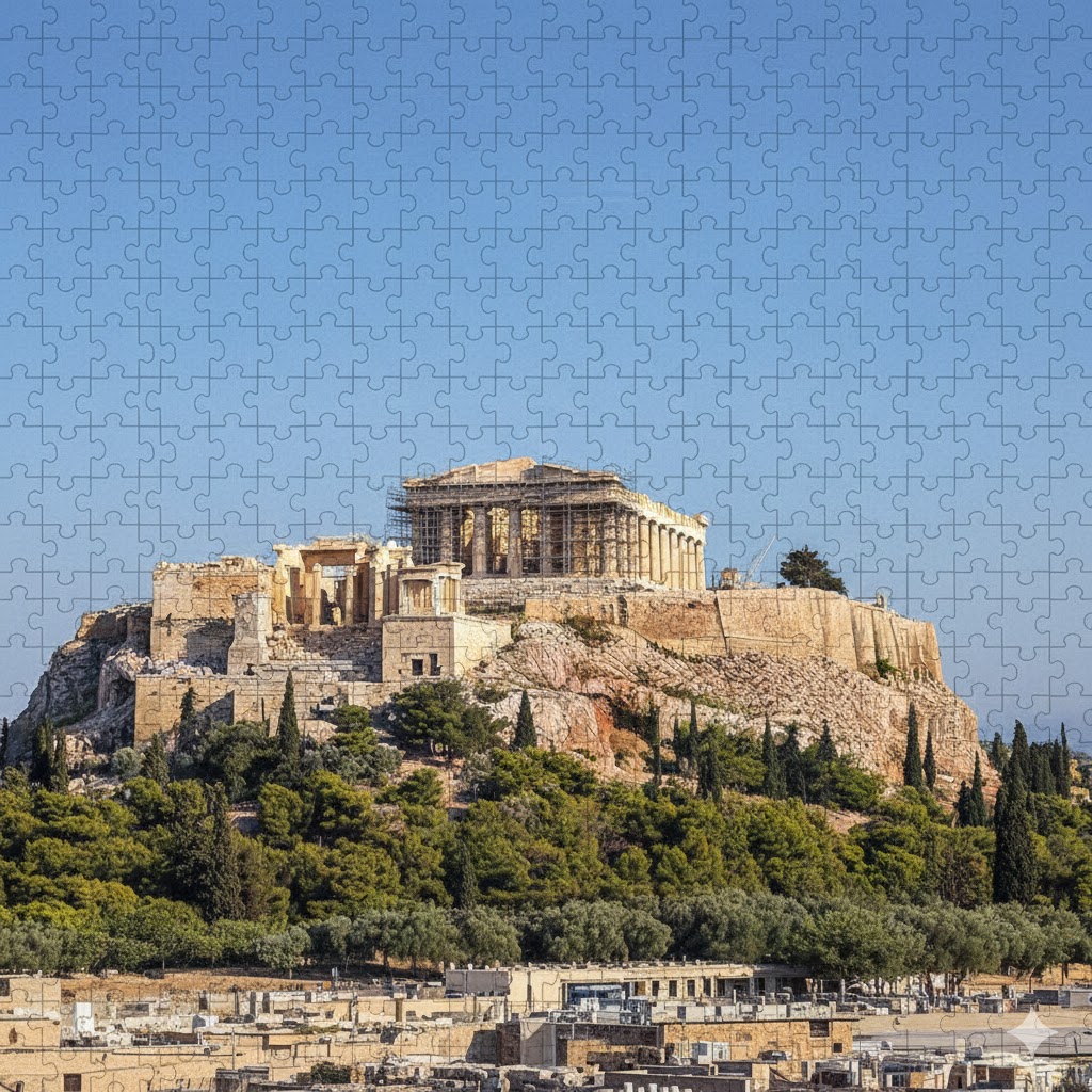 Acropolis of Athens on hilltop with Parthenon temple, trees, and city buildings below against blue sky
