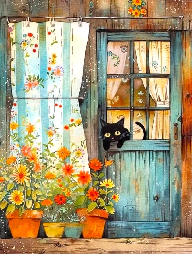 Black cat peeking through a blue rustic door with poted flowers and a floral curtain on a wooden cottage