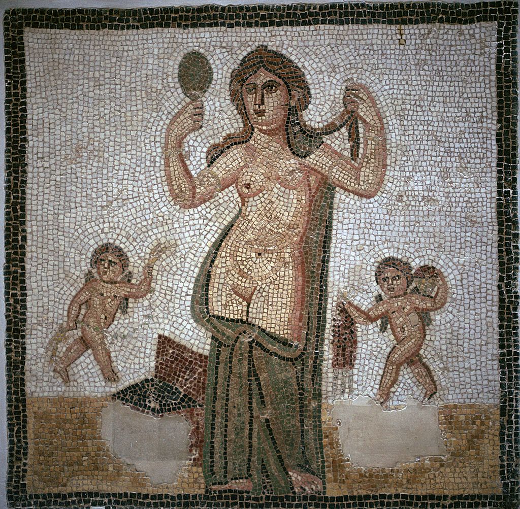 Ancient mosaic of Venus with mirror and cherubs in tessellated stone