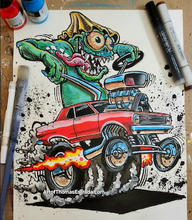 Colorful Rat Fink monster character driving a hot rod muscle car with flames, marker illustration on paper