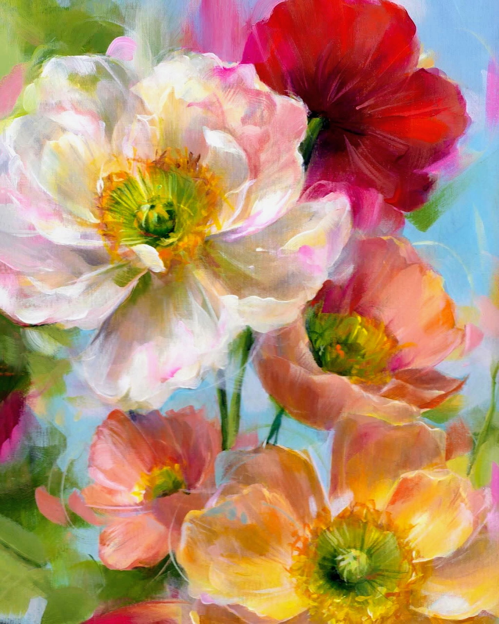 Painterly poppies in white, pink, red, and orange with soft green stems against a blue background
