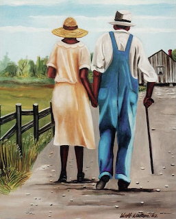 Painting of elderly couple in vintage clothing walking together on rural farm road