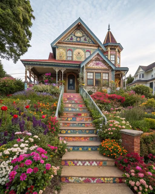 Colorful Victorian house with painted mosaic stairs and lush flower gardens in full bloom
