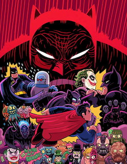 Comic-style Batman villains collage with Batman, Joker, Catwoman, and other characters in red and black