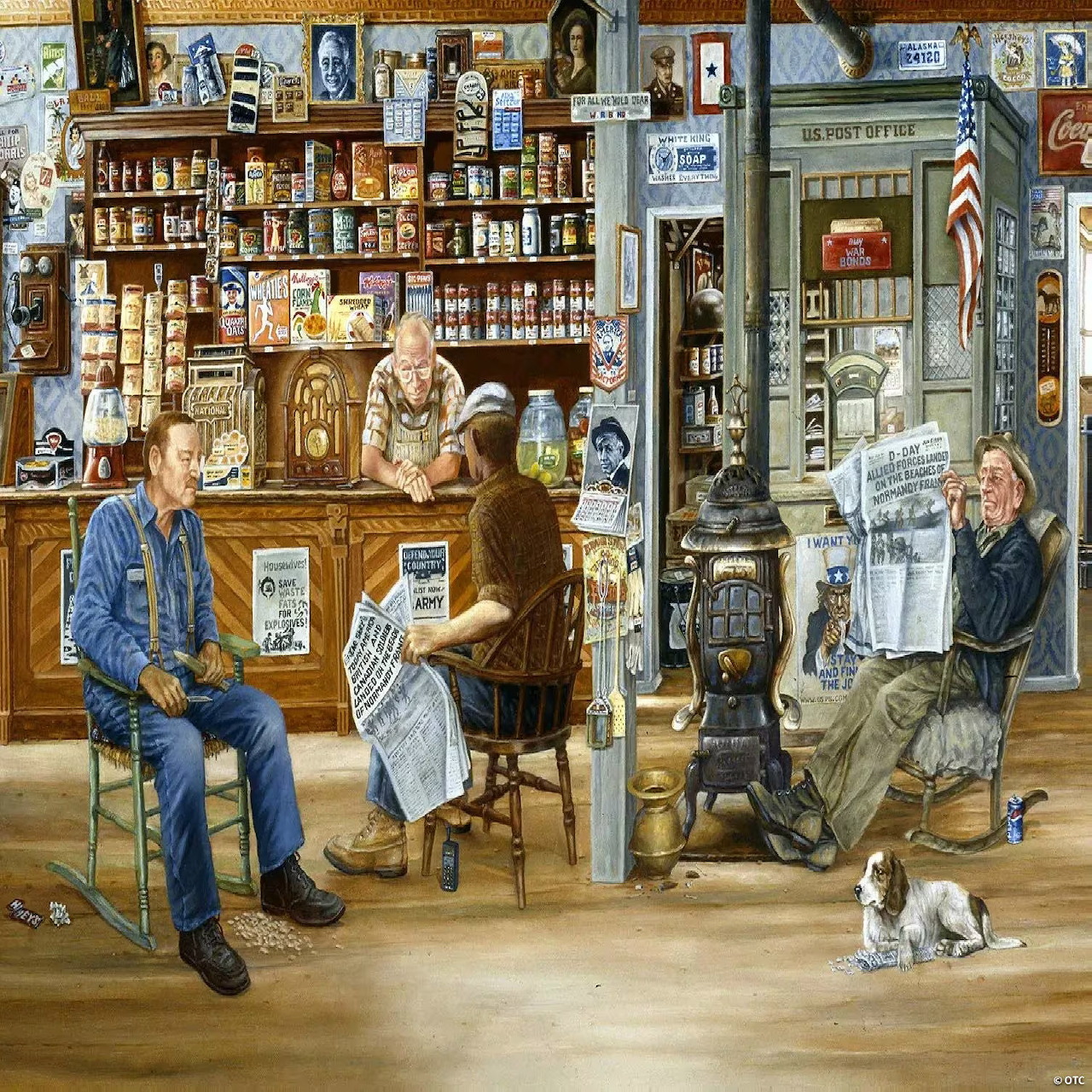 People sitting around wood stove in old-fashioned general store with shelves of products and a dog on wooden floor