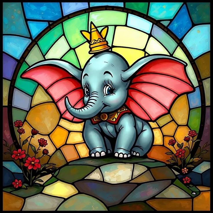 Stained glass style illustration of Dumbo elephant with crown and pink ears in circular mosaic frame