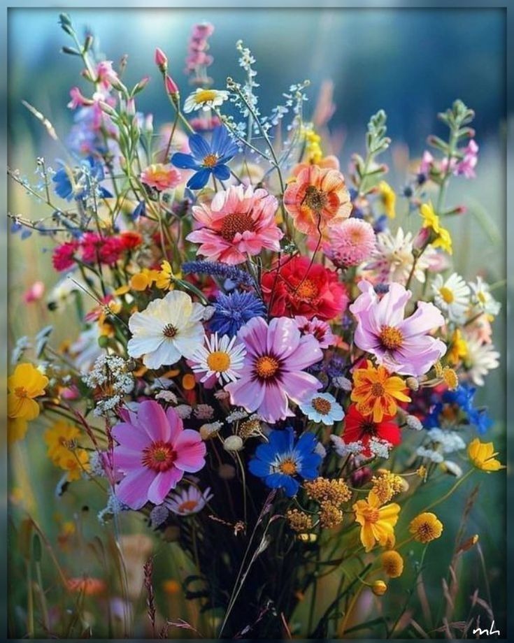 Colorful spring wildflower bouquet with pink, blue, red, and yellow blooms in soft focus