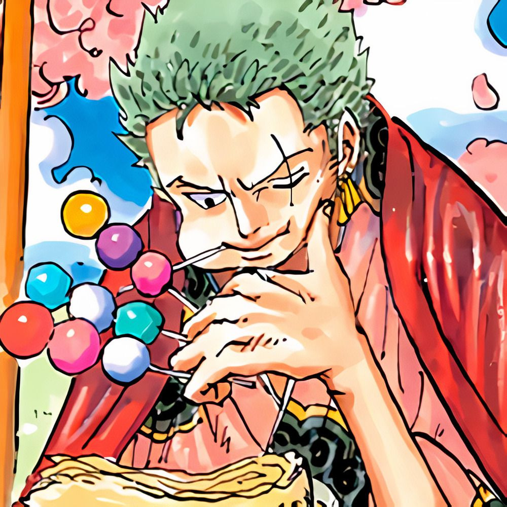 Anime character with green hair and earrings, hands clasped, wearing red clothing with colorful beads in frame