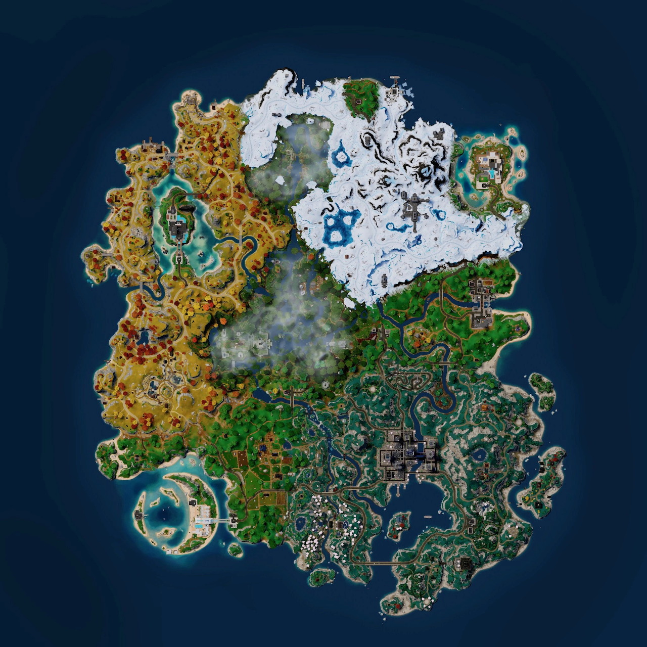Illustrated top-down Fortnite island map with snowy, green, and autumn regions surrounded by dark blue ocean