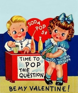 Vintage Valentine card showing children at a red soda pop stand with heart and blue bow decoration
