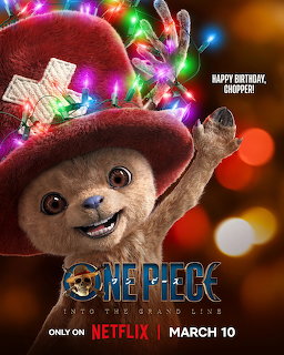 Chopper from One Piece waving in a pink hat with colorful lights and a birthday poster design