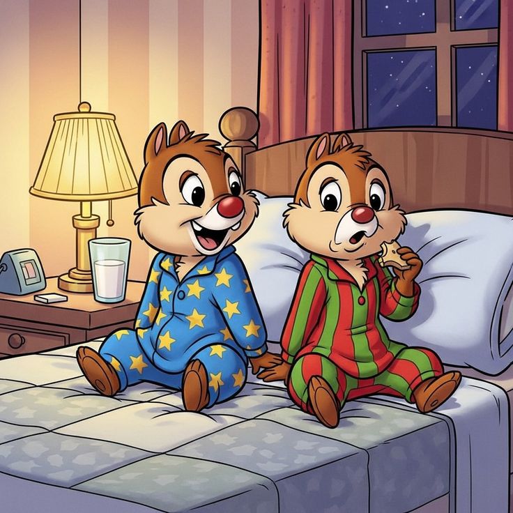 Two cartoon chipmunks wearing pajamas sitting on a couch in a bedroom