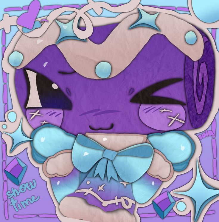 Cartoon character with purple theme and blue bow, surrounded by floating bubbles in cute illustrated style