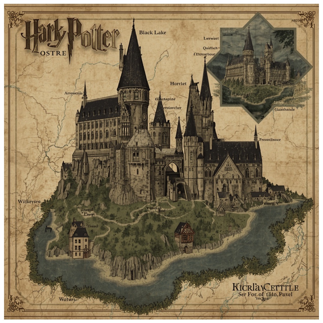 Illustrated map showing Hogwarts castle with multiple towers on an island surrounded by water and trees on aged parchment