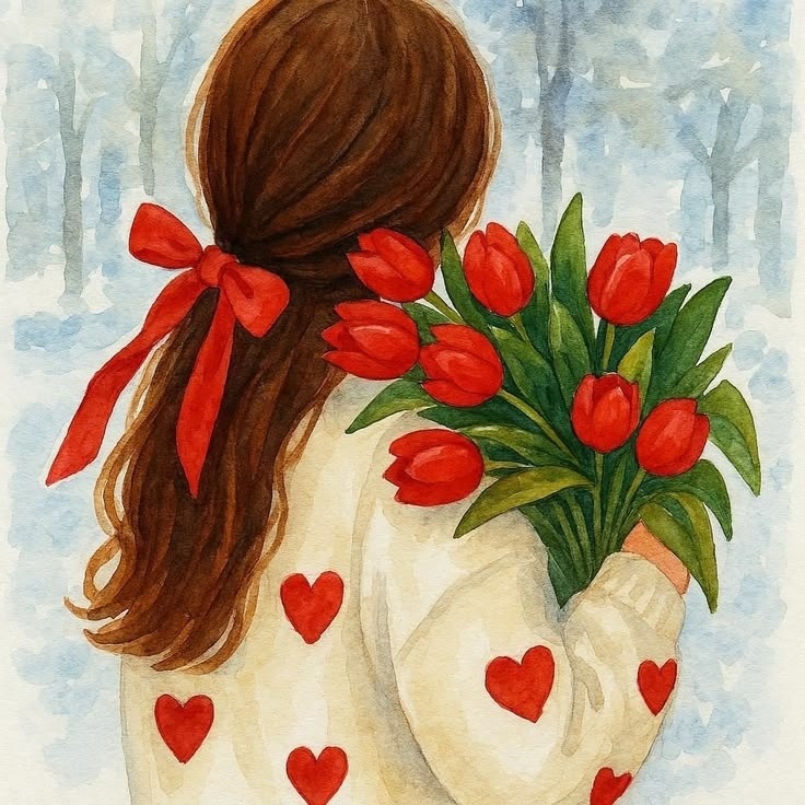 Girl with brown hair holding red tulips, wearing heart-patterned sweater, watercolor style
