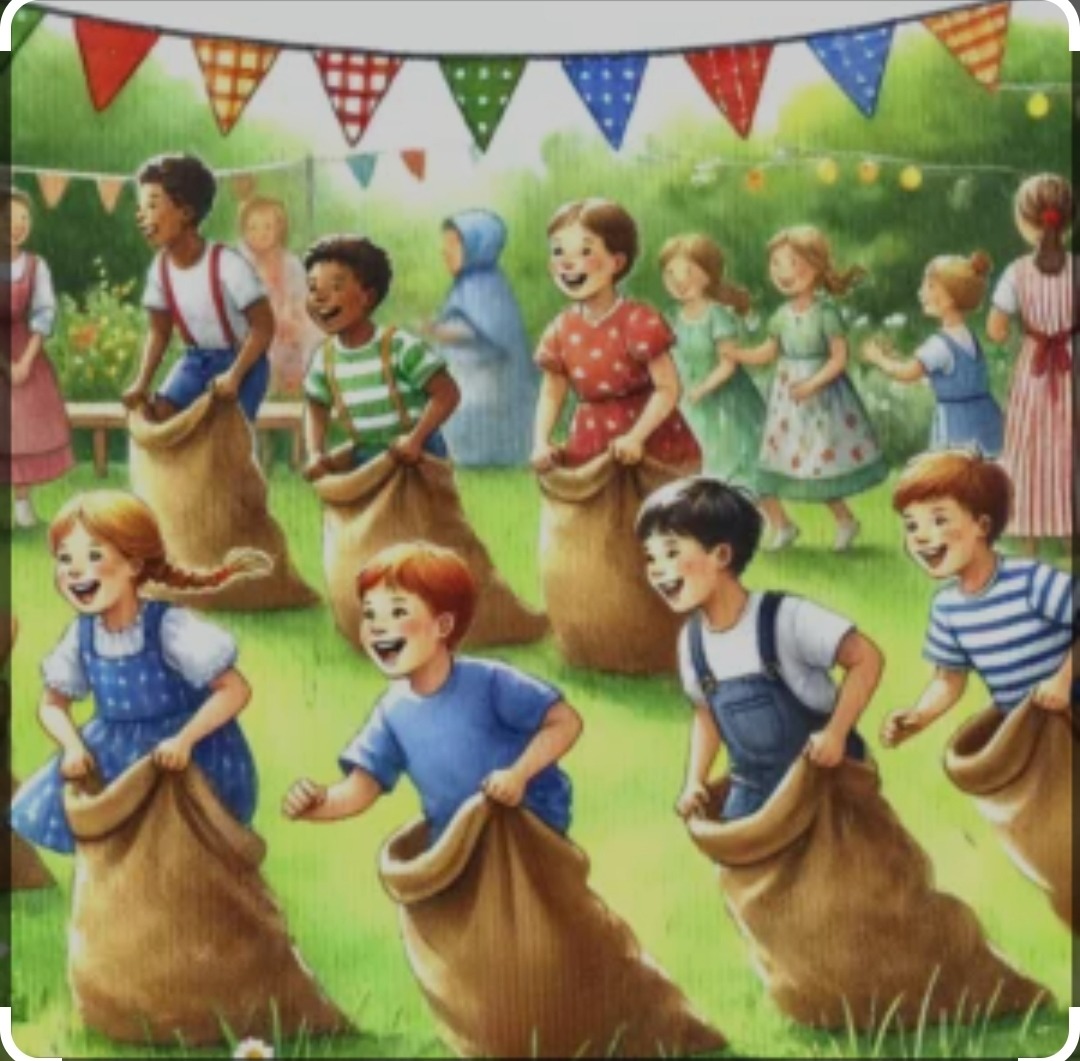 Illustration of children taking part in a sack race on a grassy field with bunting above