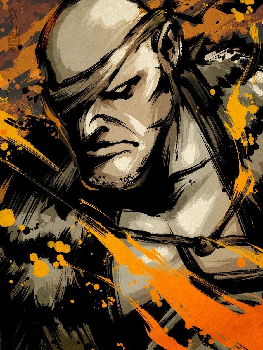 Digital artwork of Sagat, bald fighter with eye patch, in orange and black abstract style