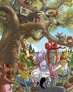 Winnie the Pooh and friends in a treehouse gathered around a large wrapped gift