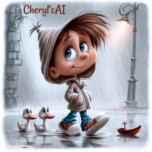 Cartoon Child in Rain