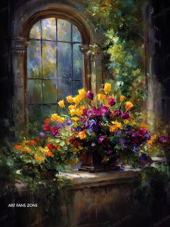 Painting of colorful tulip bouquet in vase on stone ledge beneath arched window with greenery