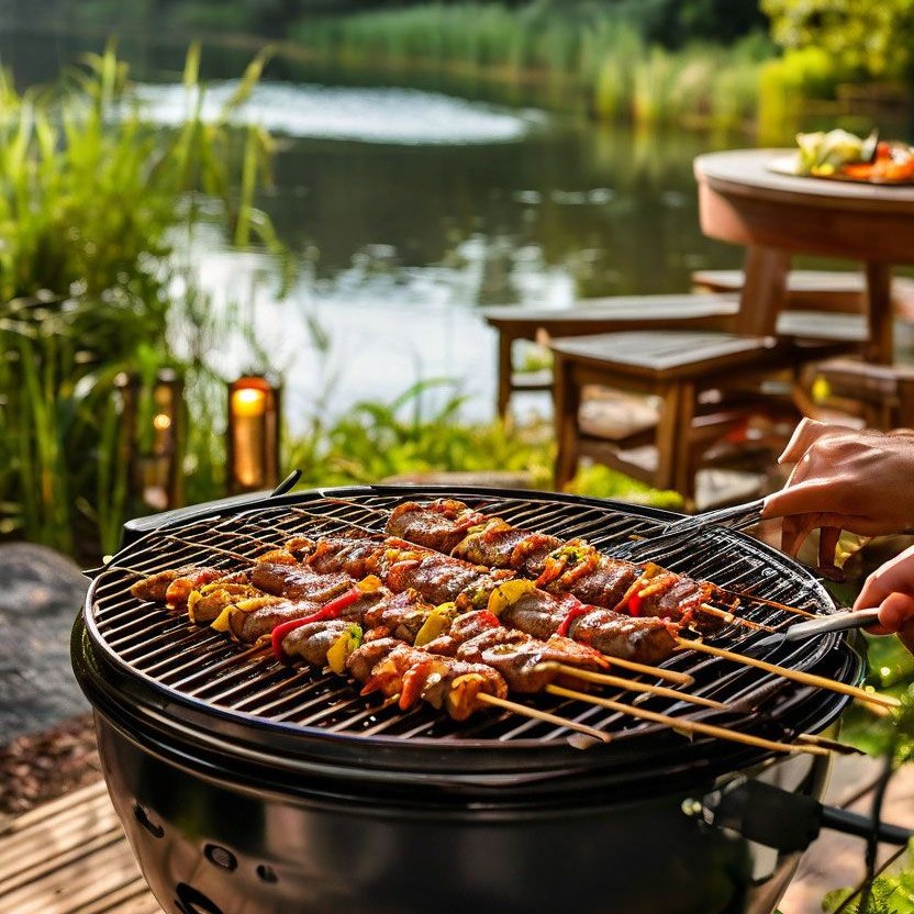 Skewers grilling on a round barbecue near a lakeside patio with chairs and reeds