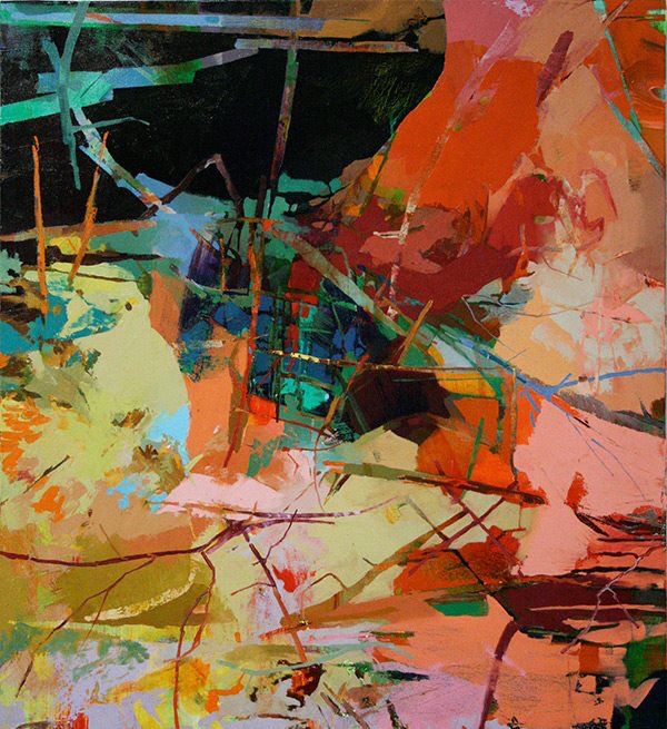 Abstract painting with vibrant orange, pink, yellow and turquoise brushstrokes on dark background