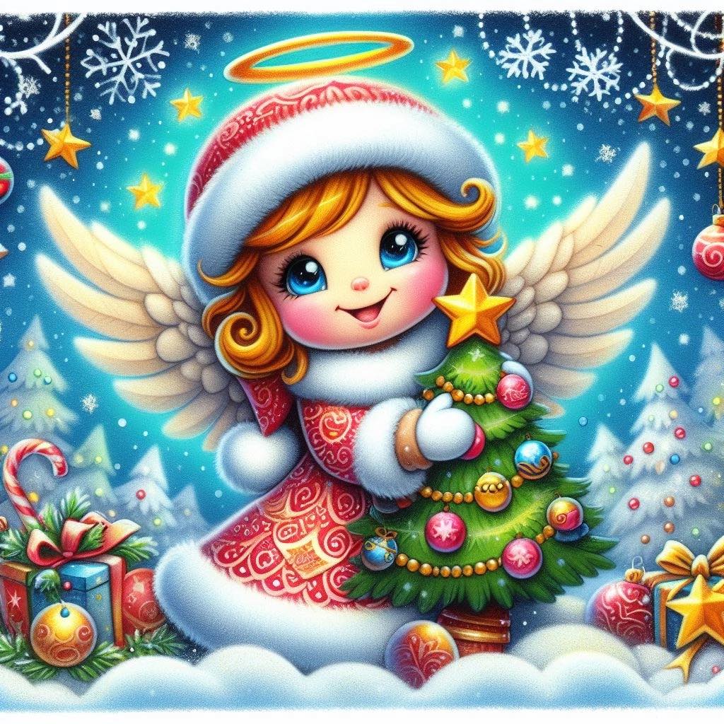 Cute cartoon angel in winter hat and coat holding miniature Christmas tree surrounded by ornaments and snowflakes
