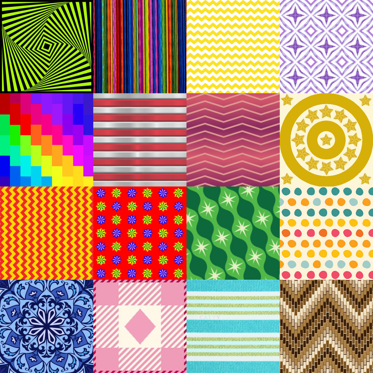 Grid of 16 colorful pattern squares with geometric designs, stripes, waves, dots, and mandalas