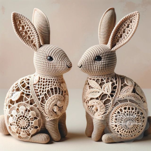 Two handmade crochet bunny rabbits with detailed lace patterns in beige sitting face to face