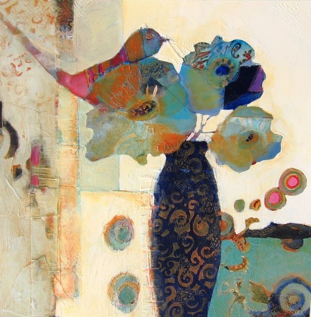 Abstract mixed-media art with colorful bird and flowers in decorative vase on textured background