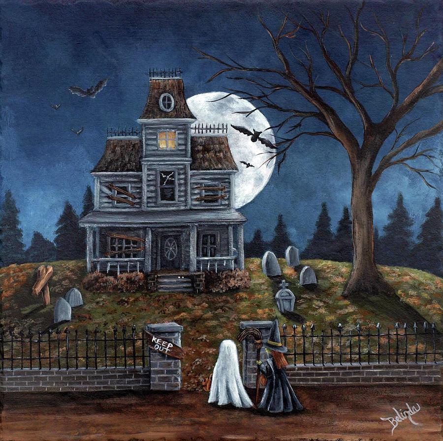 Children trick-or-treating at a haunted house on Halloween night with full moon and bats