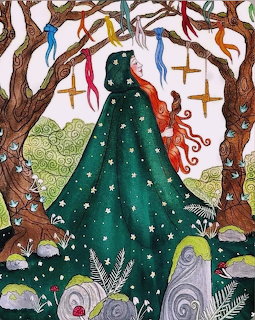Illustration of cloaked figure in green with stars, surrounded by trees and cross symbols in folk art style