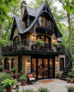 Dark Victorian cottage with stone walls and balconies surrounded by green forest