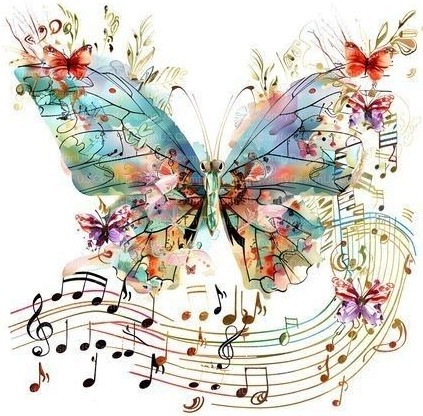 Watercolor butterfly with turquoise and coral wings amid musical notes and flowers