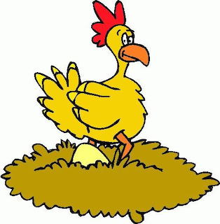 Cartoon yellow chicken with red comb standing on brown nest