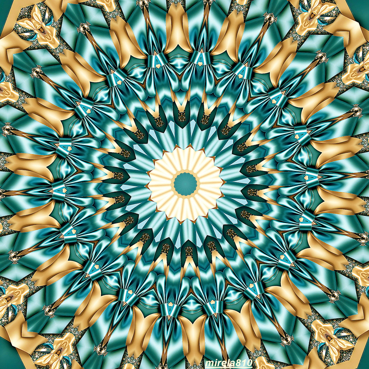 Symmetrical mandala with teal and gold petals radiating from cream center in ornate geometric pattern