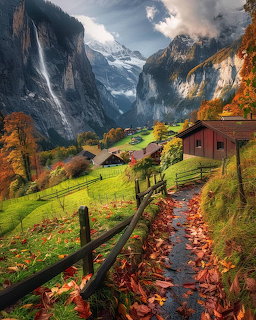 Autumn scene in Lauterbrunnen valley with waterfall, snow-capped mountains, colorful trees, and wooden chalets