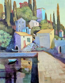 Impressionist painting of a Mediterranean village with pastel houses and cypress trees by water