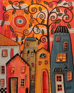 Colorful folk art painting of whimsical houses with swirling trees and decorative sun on orange background
