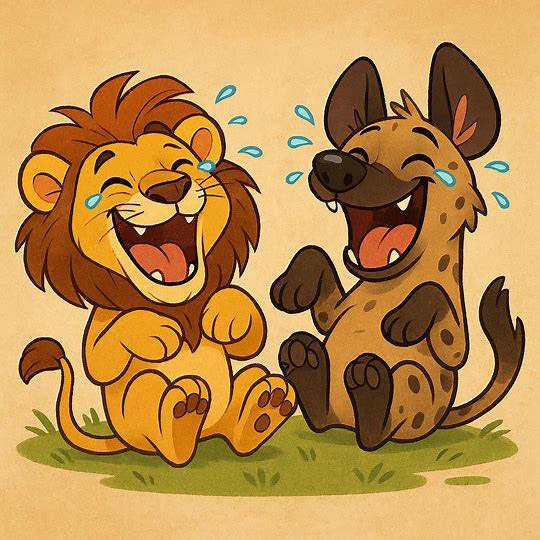 Cartoon lion and hyena sitting on grass, laughing with tears of joy