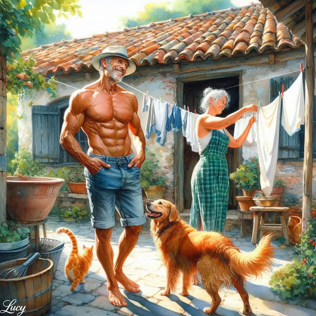 Man and grandmother hanging clothes on line outside cottage with two dogs